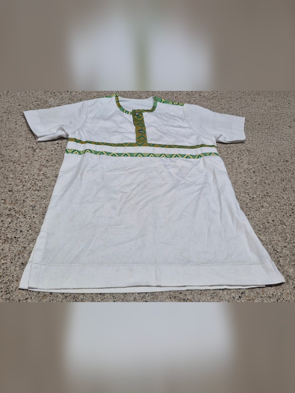 Vintage White African Dashiki Tunic Shirt Woven Geometric Trim Small / Youth XL